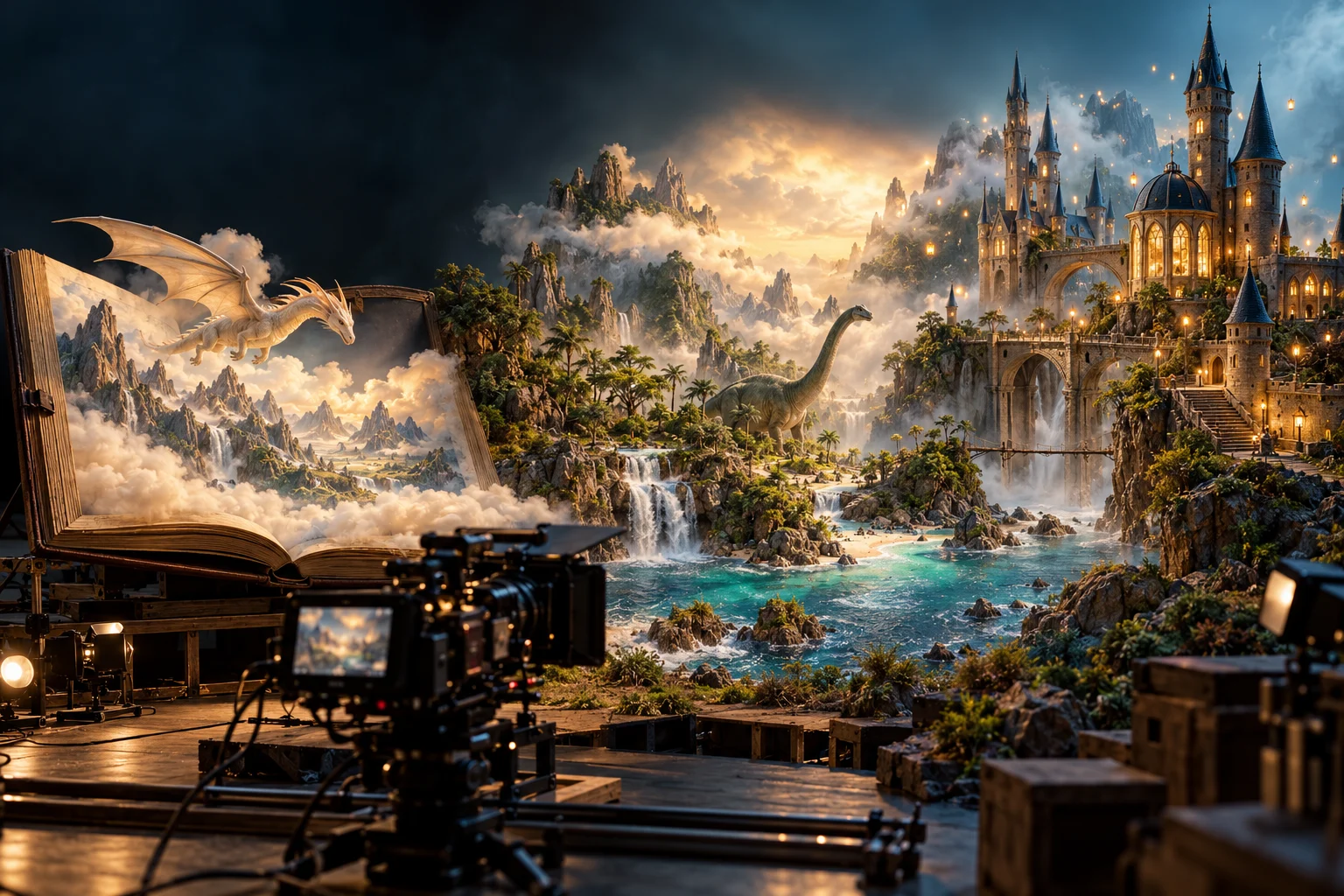 Plateau de cinéma miniature : un conte fantastique, des dinosaures et une école de magie